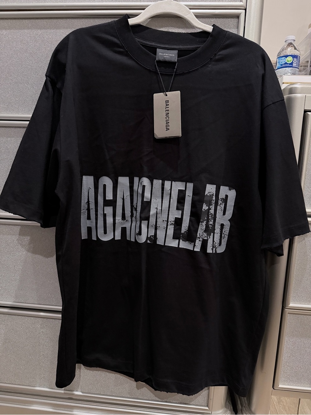 Balenciaga Black Short-Sleeve Tee with Distressed White Logo
